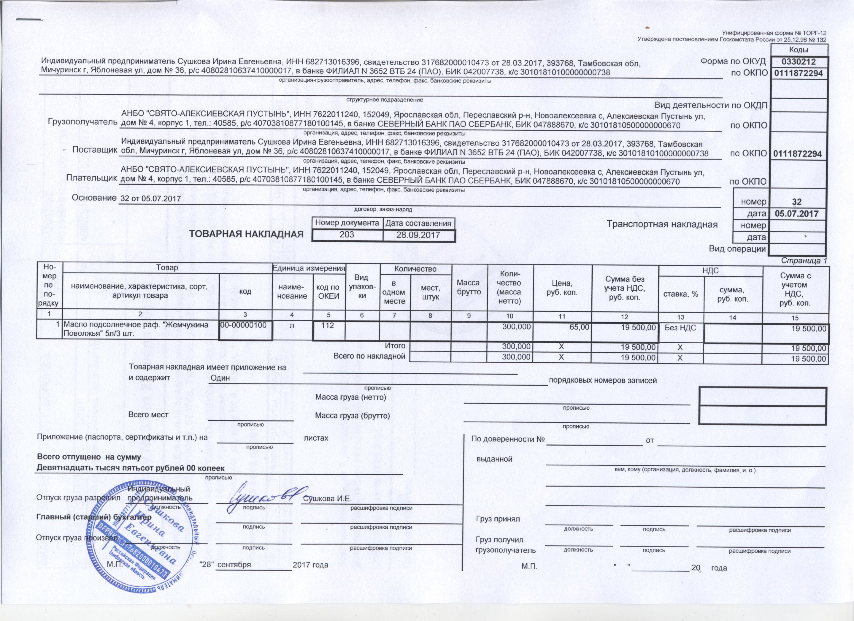 Образец торг 12 заполненный с подписями